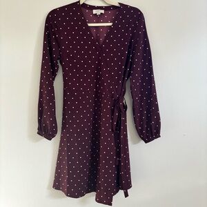 LOFT Long Sleeve Wrap Dress Maroon Polka Dots Size 4 Petite